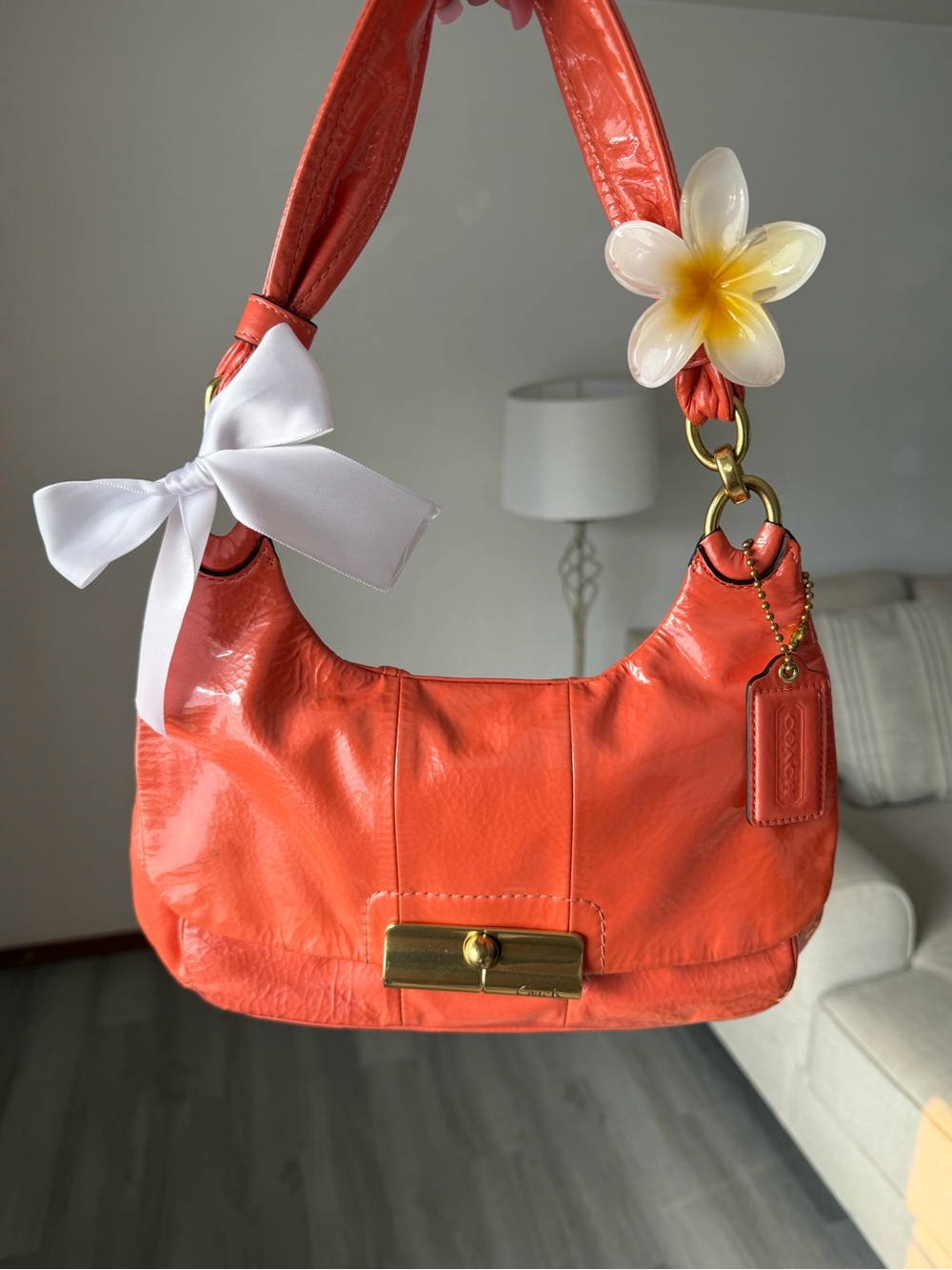 Coach Coral Orange Patent Leather Shoulder Bag with Gold Hardware
